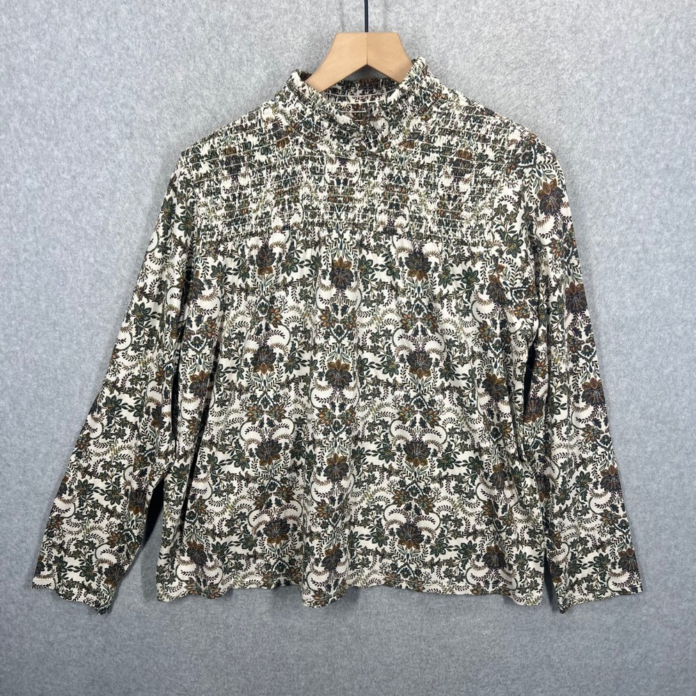 J. Jill Smocked Mock Neck Blouse Womens Large Multicolor Floral Paisley NWT